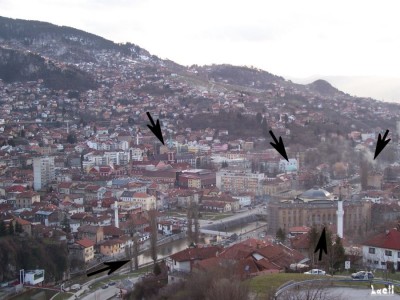 From left to right: Miljacka river, the Franciscan church of St Anthony of Padua, the Emperor’s Mosque, the ancient library, smoke from traditional restaurants